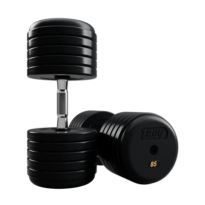 Troy Barbell RUFD Pro Style Black Rubber Encased Dumbbells contour handle with black rubber end cap 85 lb pair.