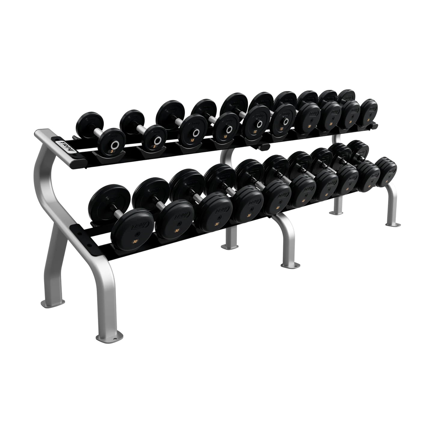 Troy Barbell RUFDC 5 - 50 Rubber Encased Pro Style Dumbbell Set with Rack on white background