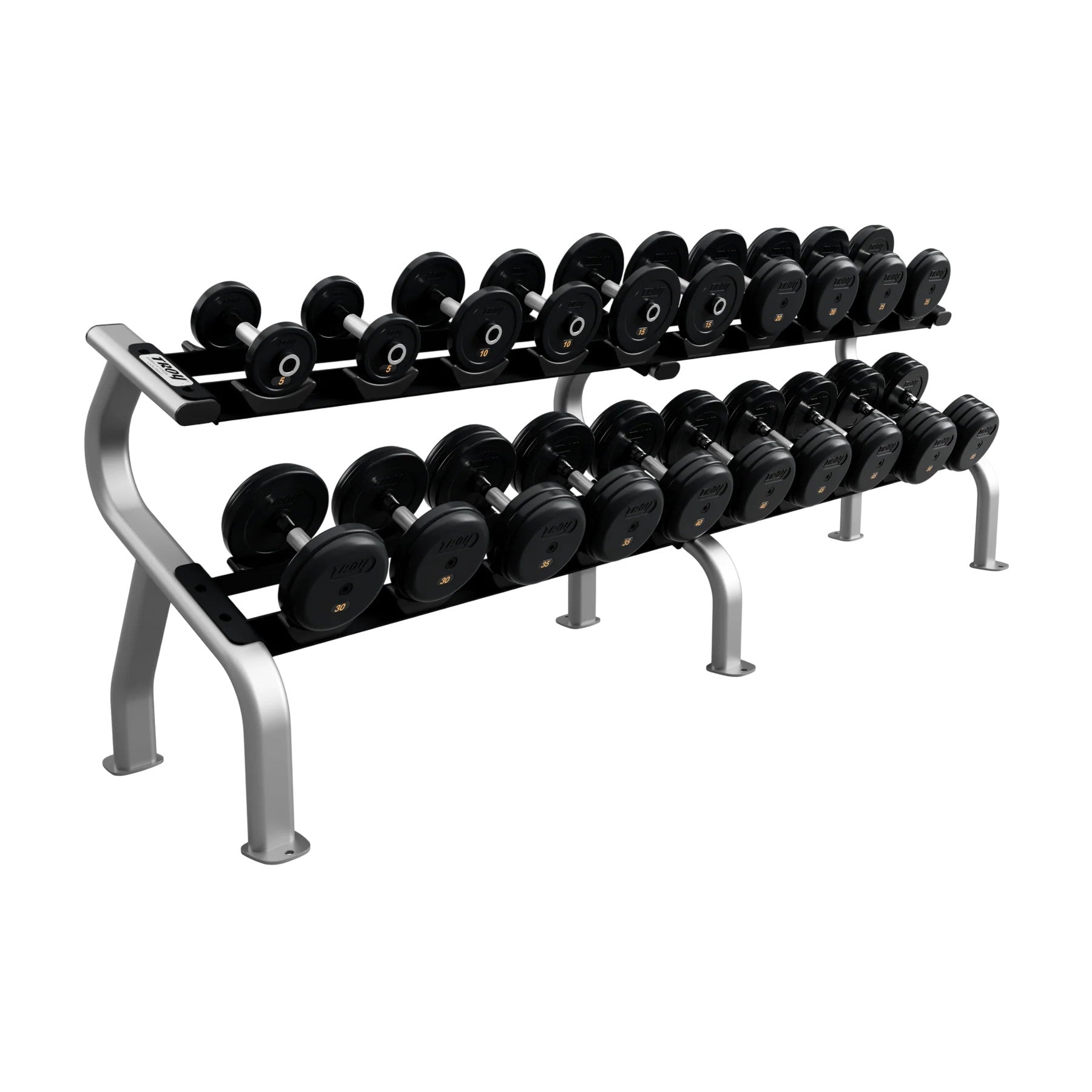 Troy Barbell RUFDC 5 - 50 Rubber Encased Pro Style Dumbbell Set with Rack on white background