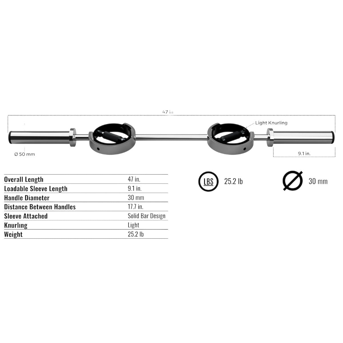 Troy Barbell VTX SBCB-47 SupraBar Curl Bar specifications.