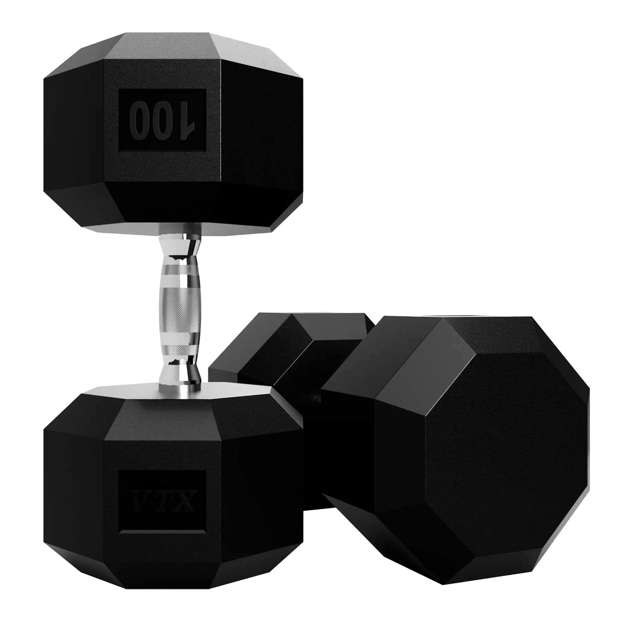 Troy Barbell VTX SD-100U Urethane Encased 100lb 8 Sided Dumbbell pair close up.