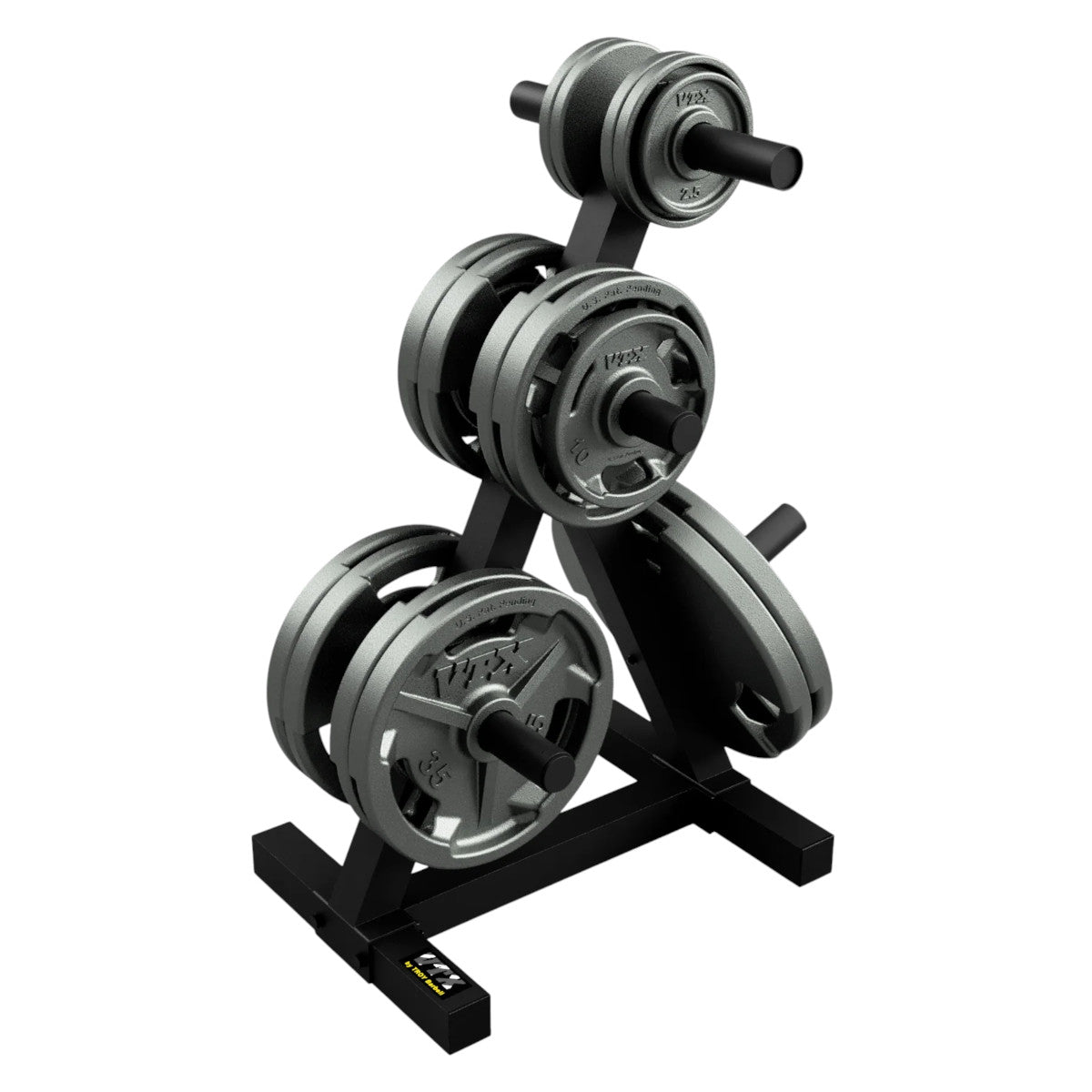 Troy Barbell VTX T-OPT Olympic Plate Tree shown with weight plates.