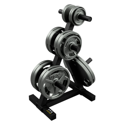 Troy Barbell VTX T-OPT Olympic Plate Tree shown with weight plates.