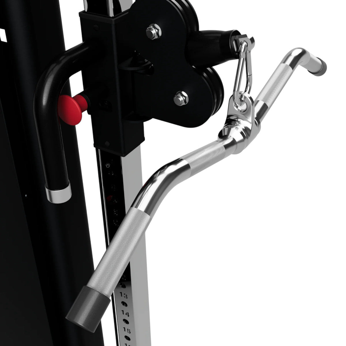 Troy Barbell TCB-28S Multi-Purpose Deluxe Curl Bar attached to functional trainer side view.