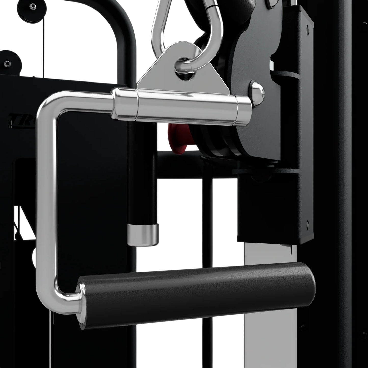 Troy Barbell TCCH-R Revolving Stirrup Handle with Rubber Grip attached to cable-cross front view.