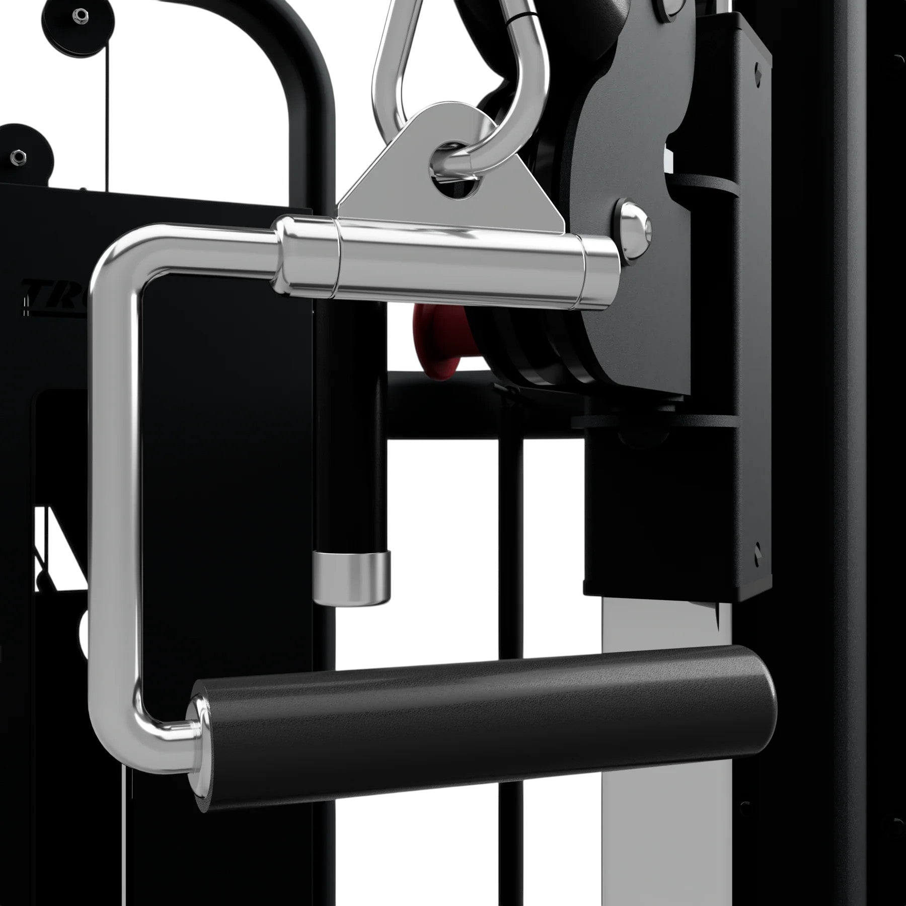 Troy Barbell TCCH-R Revolving Stirrup Handle with Rubber Grip attached to cable-cross front view.