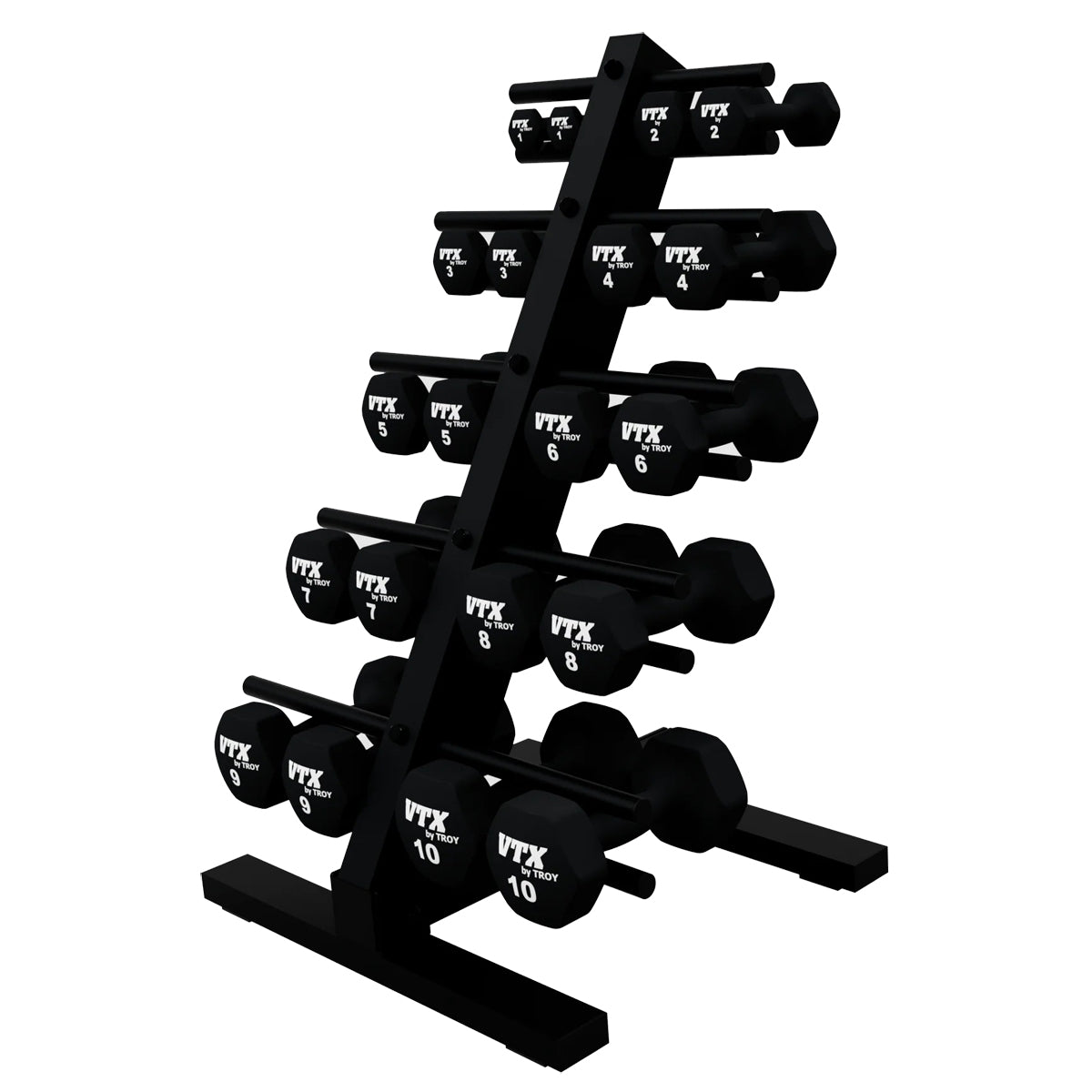 Troy Barbell VTX T-HDR Vinyl or Neoprene Compact Dumbbell Rack loaded with neoprene dumbbells.