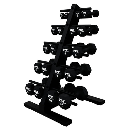 Troy Barbell VTX T-HDR Vinyl or Neoprene Compact Dumbbell Rack loaded with neoprene dumbbells.
