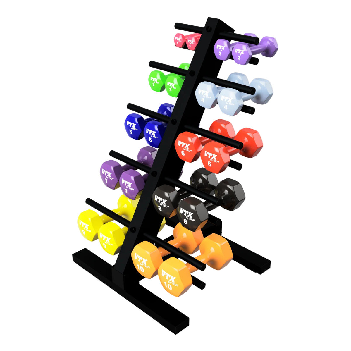 Troy Barbell VTX T-HDR Vinyl or Neoprene Compact Dumbbell Rack loaded with vinyl dumbbells.