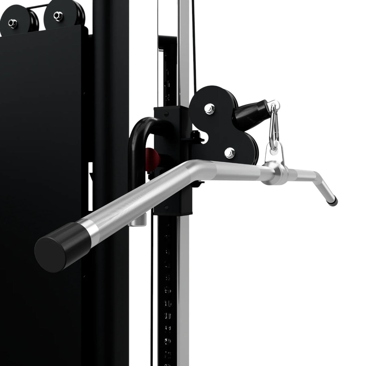 Troy Barbell TLB-48S High Quality Lat Bar attached to functional trainer side view.