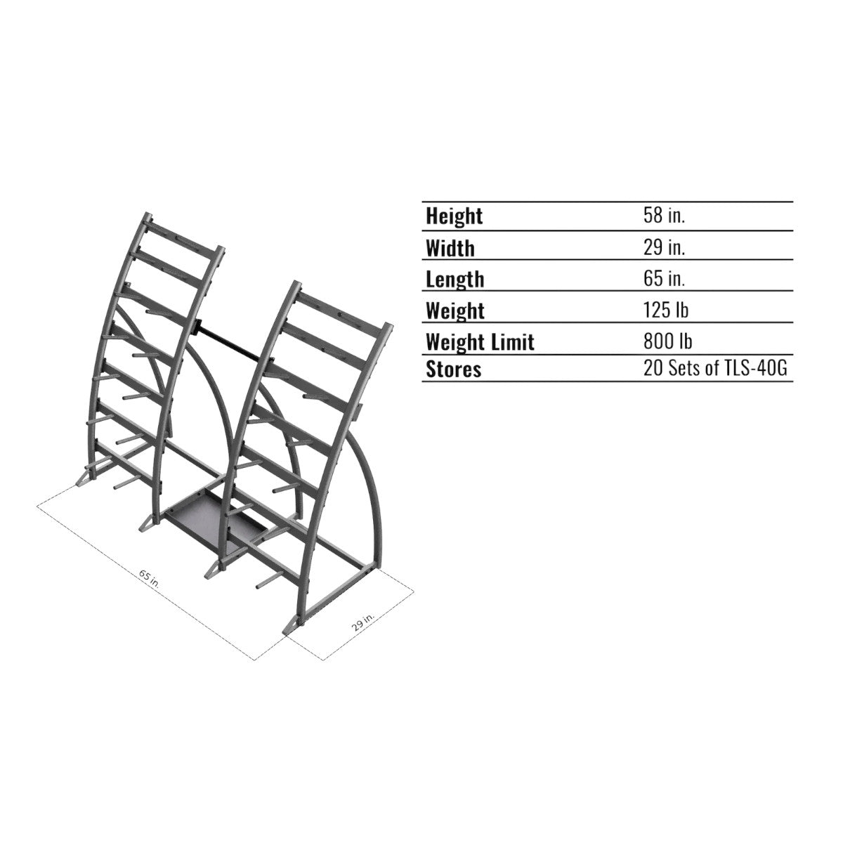Troy Barbell TLS-20 plate rack specifications.