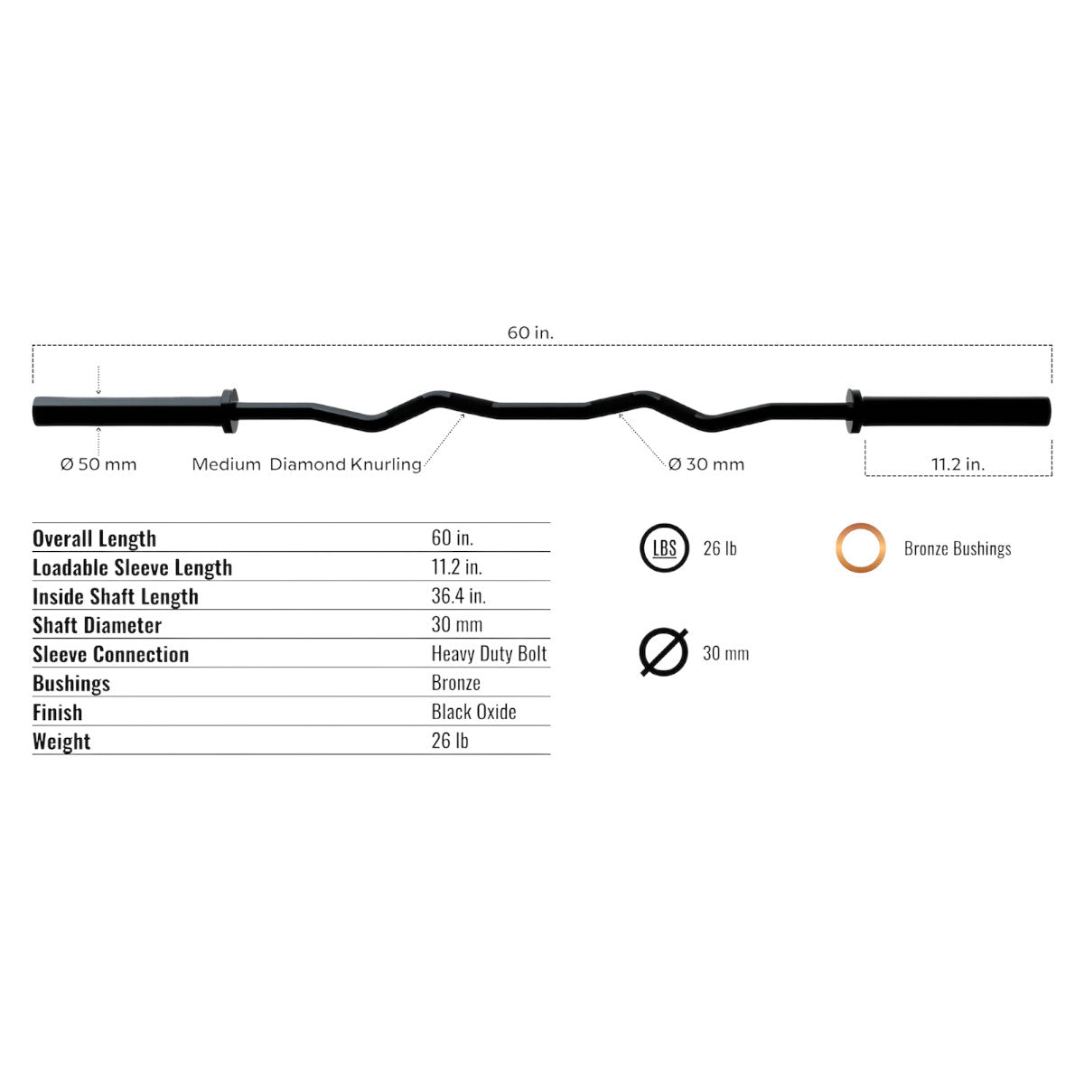Troy Barbell TOZ-60B Deluxe 5 Foot Commercial Olympic Curl Bar specifications.