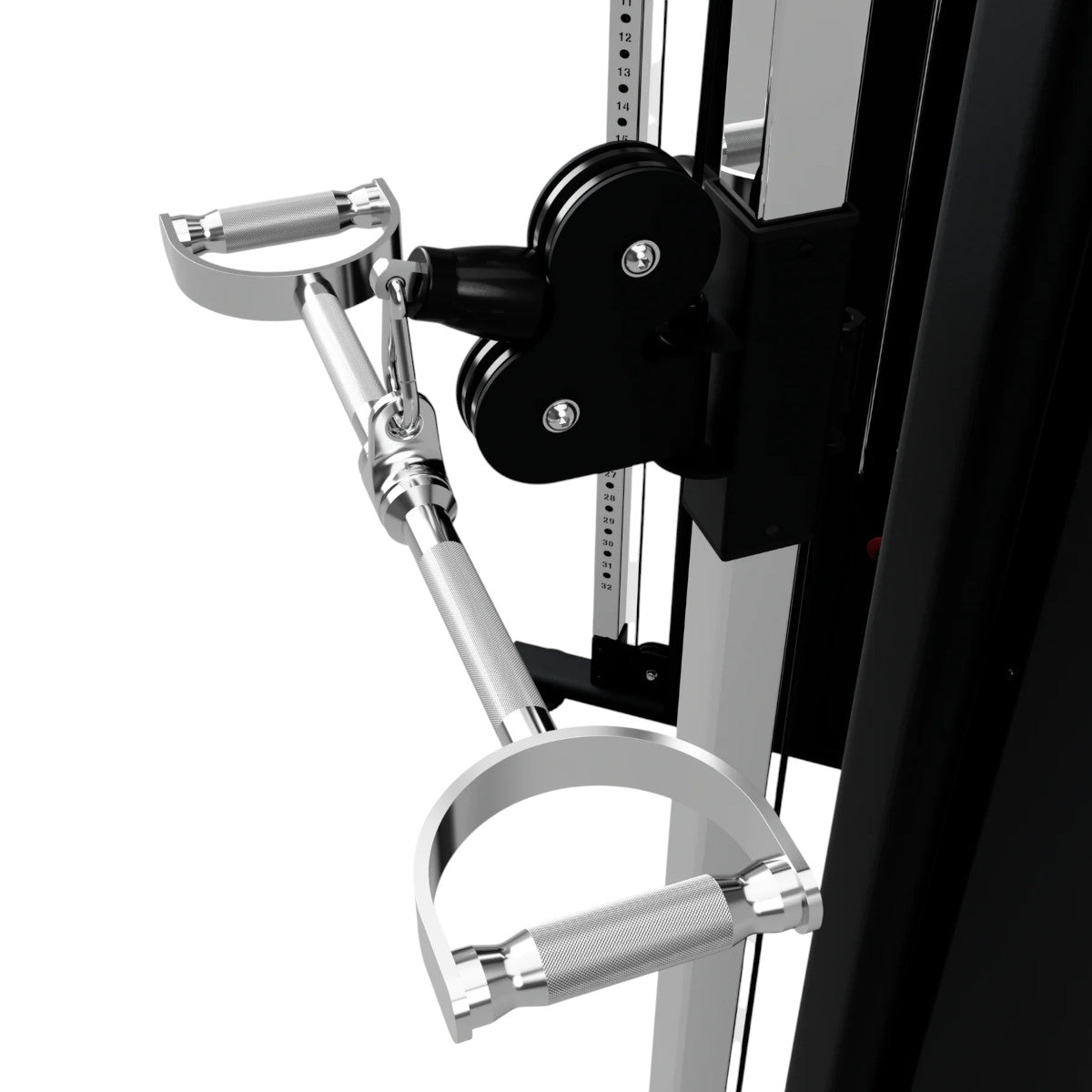 Troy Barbell TPLB-24S Straight Pro Style Lat Bar attached to functional trainer angled view.