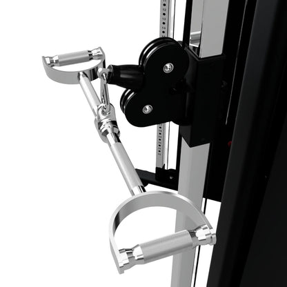 Troy Barbell TPLB-24S Straight Pro Style Lat Bar attached to functional trainer angled view.