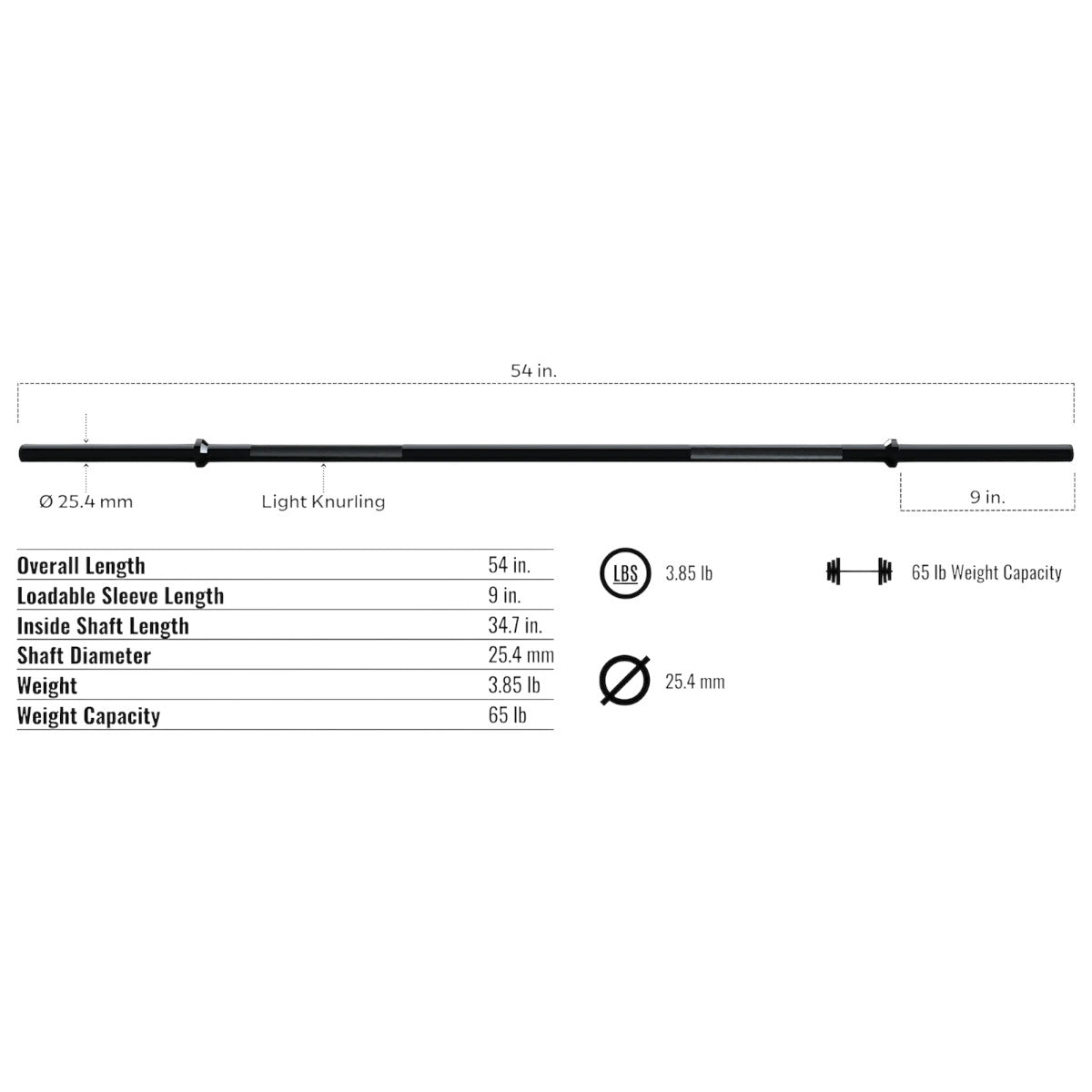 Troy Barbell TRB-54BH Lightweight Standard Training Bar specifications.