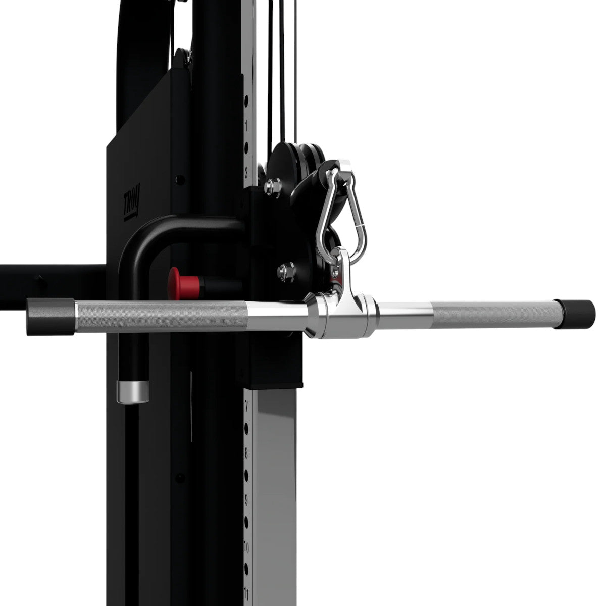 Troy Barbell USA Sports TSB-20S 20" Multi-Purpose Deluxe Straight Bar attached to cable-cross front view.