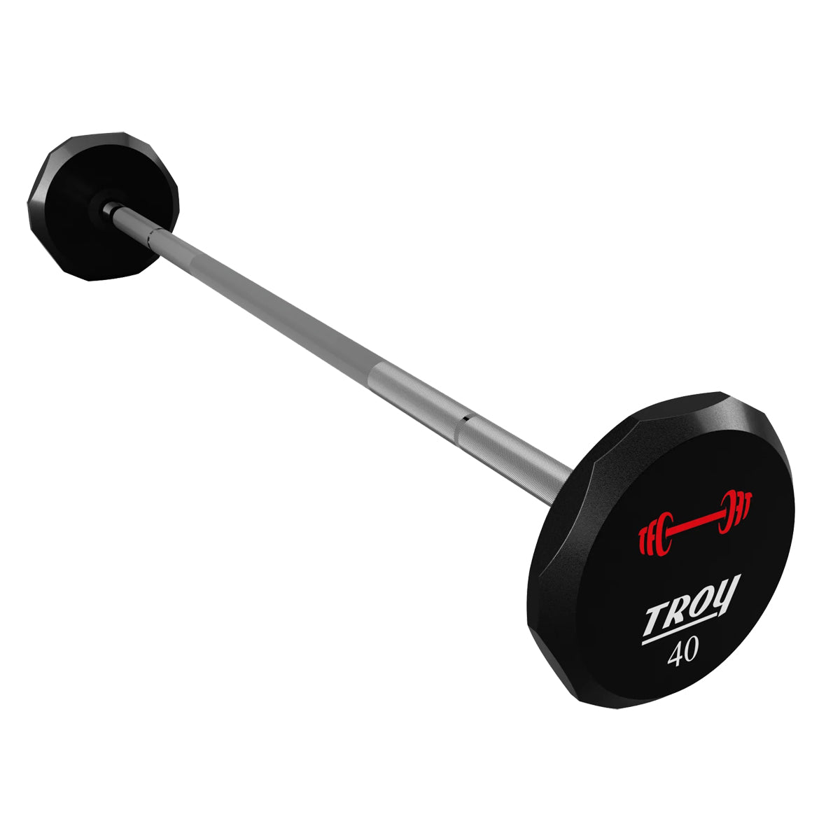 Troy Barbell TSB-040U 12 Sided Straight Urethane Barbell 40 lb with barbell logo.