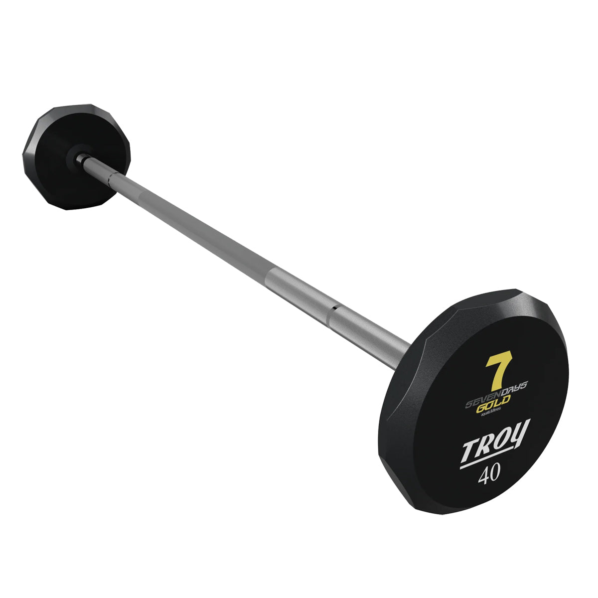 Troy Barbell TSB-040U 12 Sided Straight Urethane Barbell 40 lb with seven days gold logo.