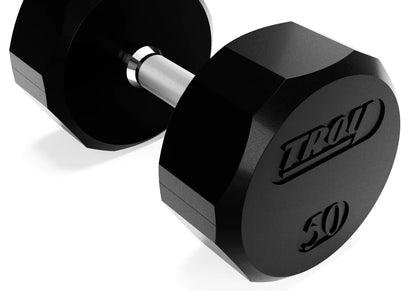 Troy Barbell TSD-050R 12 Sided Rubber Encased 50lb Dumbbell close-up view.
