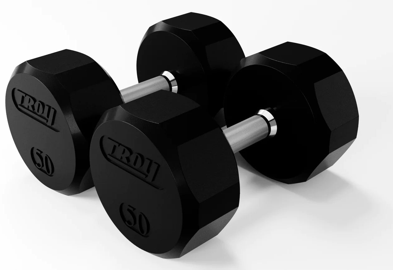 Troy Barbell TSD-050R 12 Sided Rubber Encased 50lb Dumbbells pair.