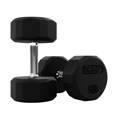 Troy Barbell TSD-050R 12 Sided Rubber Encased 50lb Dumbbells close up.