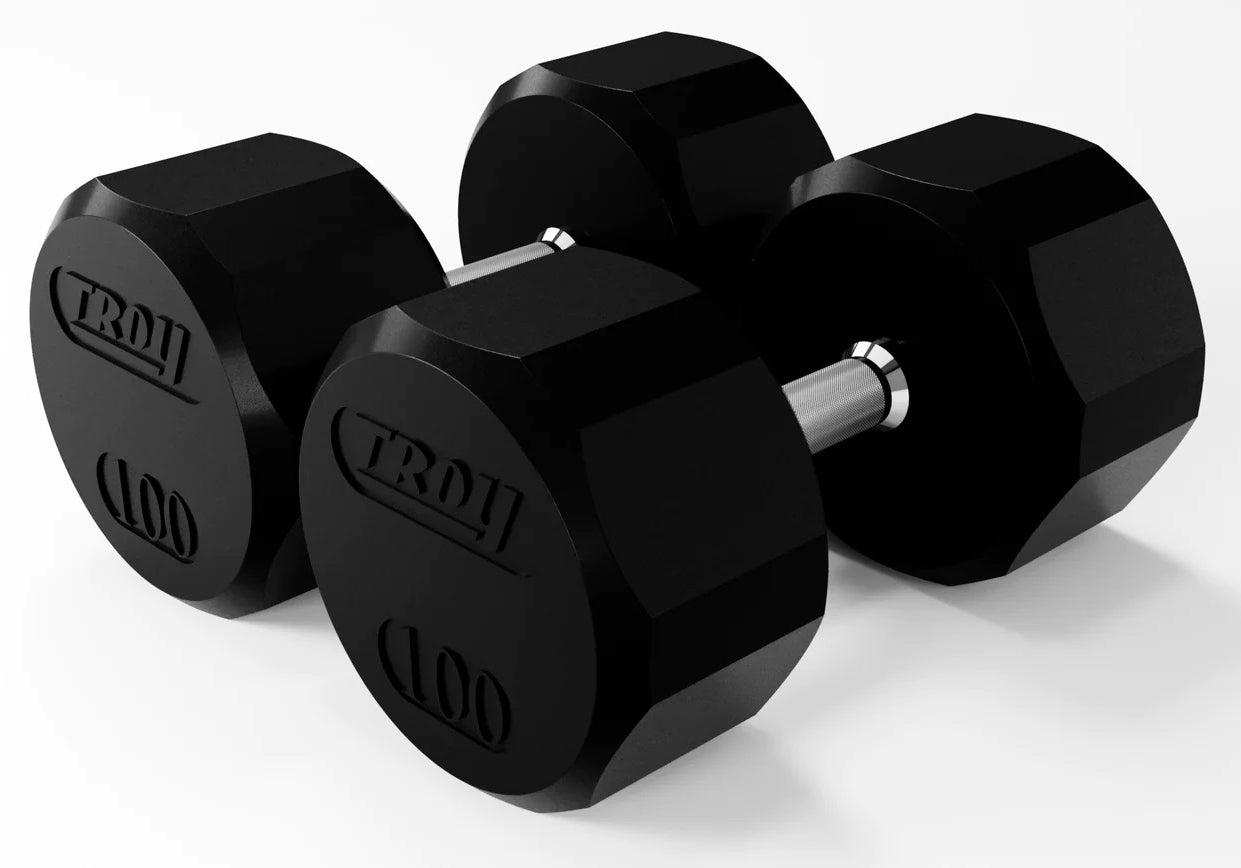 Troy Barbell TSD-100R 12 Sided Rubber Encased 100lb Dumbbells mid view.