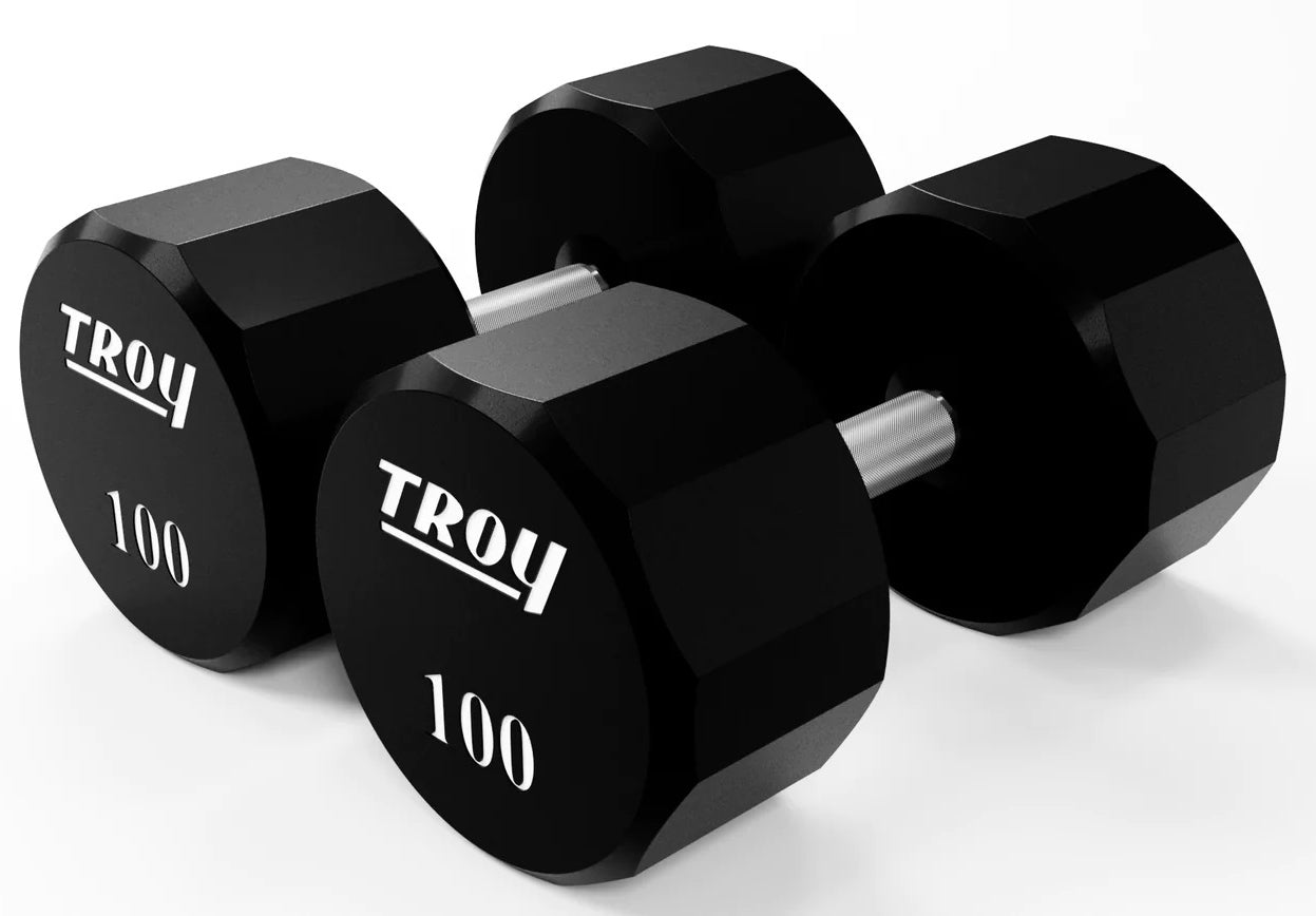 Troy Barbell TSD-100U Urethane Encased 100lb Dumbbells close-up.
