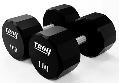 Troy Barbell TSD-100U Urethane Encased 100lb Dumbbells close-up.