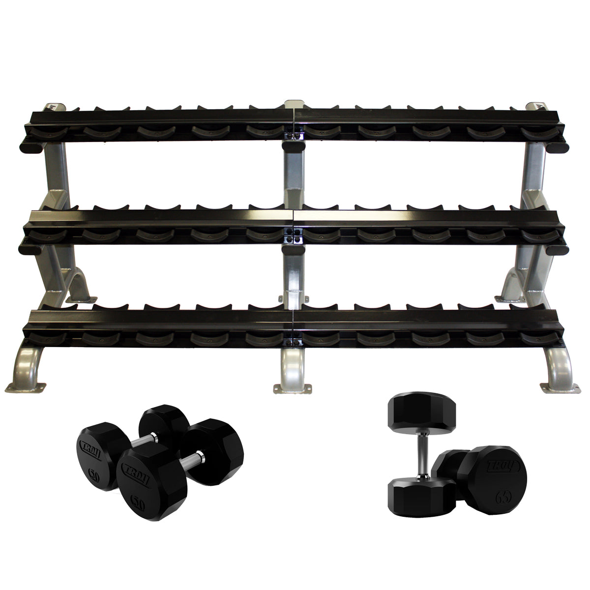 Troy Barbell TSD-R Rubber Encased Dumbbell Set 5 to 75LB with Silver DR-15 Rack.