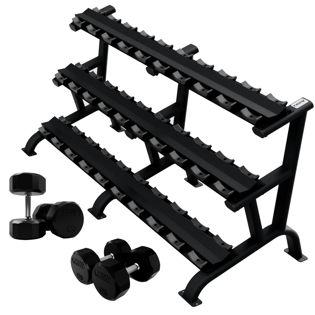 Troy Barbell TSD-R Rubber Encased Dumbbell Set 5 to 75LB with Black DR-15 Rack.