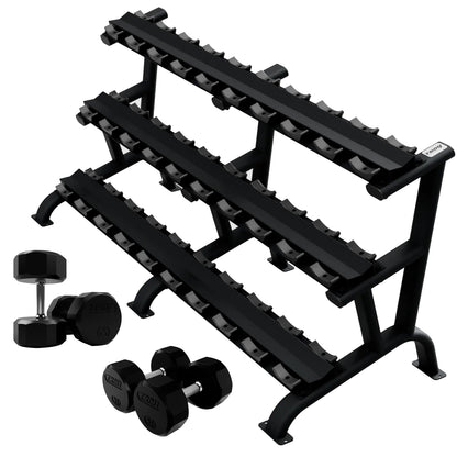 Troy Barbell TSD-R Rubber Encased Dumbbell Set 5 to 75LB with Black DR-15 Rack.