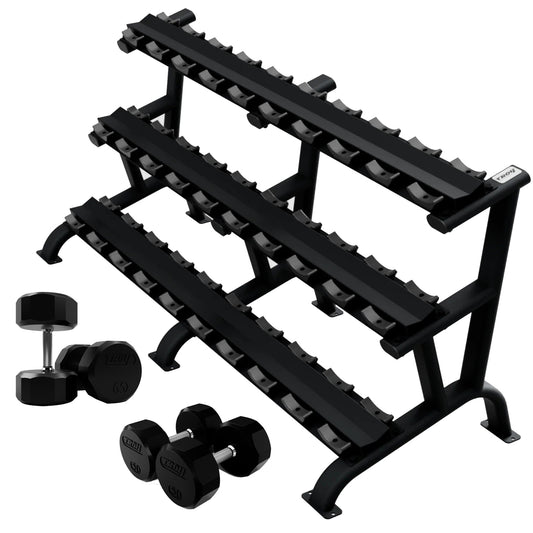 Troy Barbell TSD-R Rubber Encased Dumbbell Set 5 to 75LB with Black DR-15 Rack.