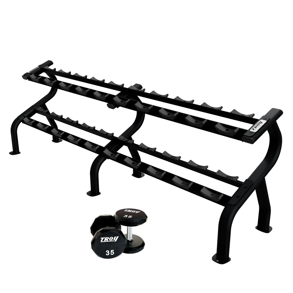 Troy Barbell TSD-U Urethane Encased Dumbbells shown with black rack.