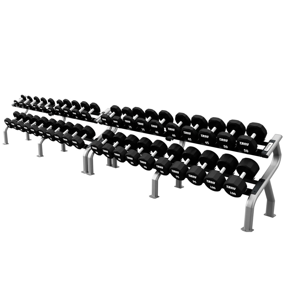 Troy Barbell TSD-U Urethane Dumbbells 5 to 100LB with Two DR-10 Racks.