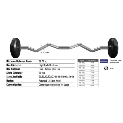 Troy Barbell TZB-U 12 Sided EZ Curl Urethane Barbell specifications.