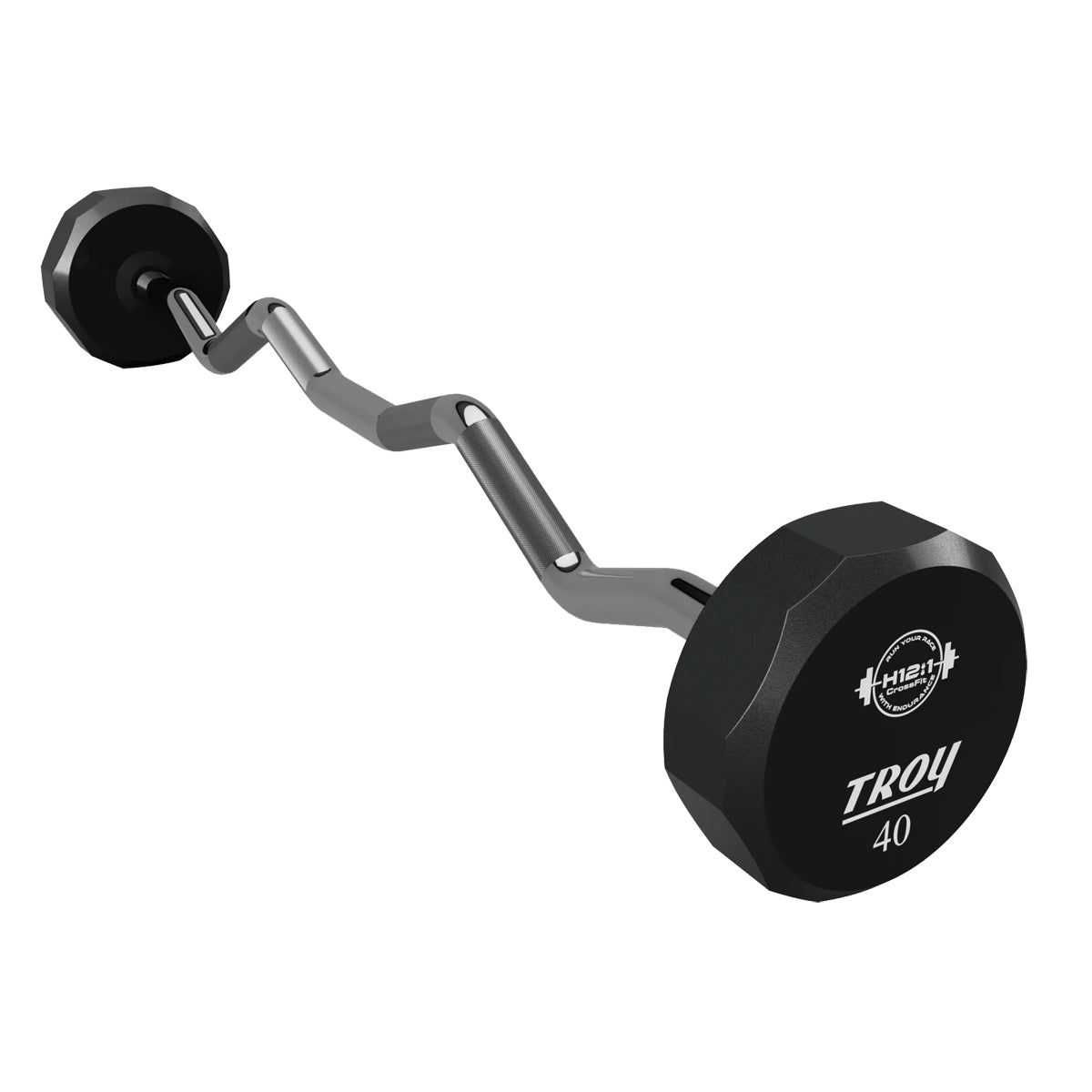 Troy Barbell TZB-040U 12 Sided EZ Curl Urethane Barbell 40 lb. Custom Logo end view.