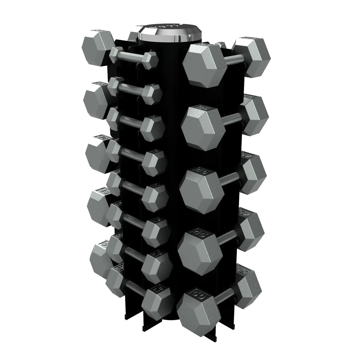 Troy Barbell VTX GVDR-13 Four Sided Vertical Dumbbell Rack shown with IHD Iron Dumbbells.