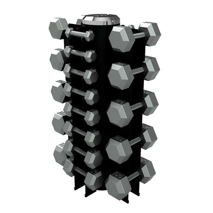 Troy Barbell VTX GVDR-13 Four Sided Vertical Dumbbell Rack shown with IHD Iron Dumbbells.