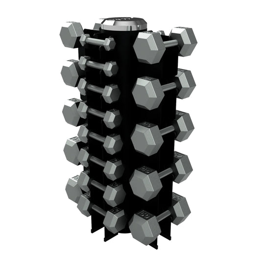 Troy Barbell VTX GVDR-13 Four Sided Vertical Dumbbell Rack shown with IHD Iron Dumbbells.