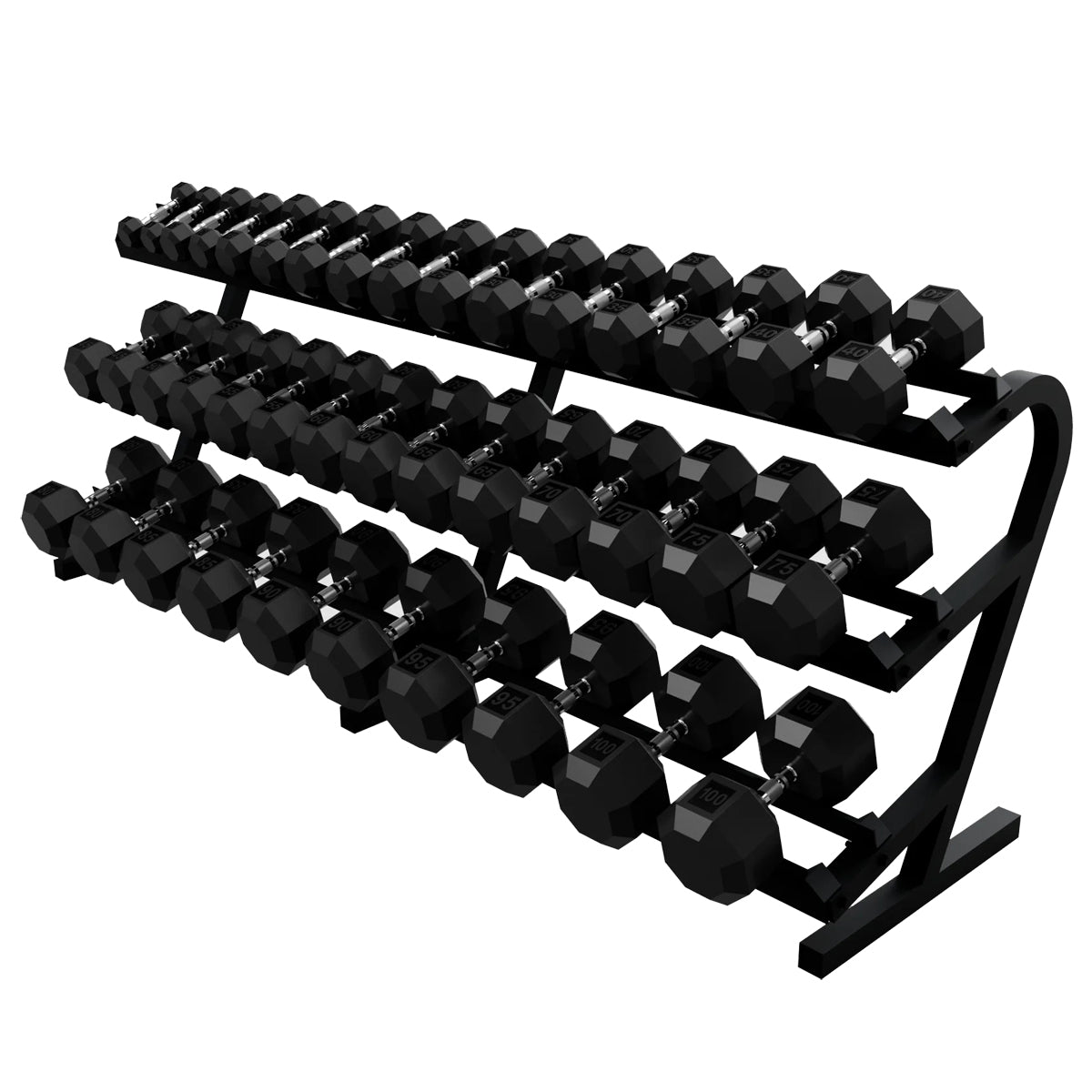 Troy Barbell VTX TDR-3 Three Tier Horizontal Dumbbell Rack shown with SD-R dumbbells.