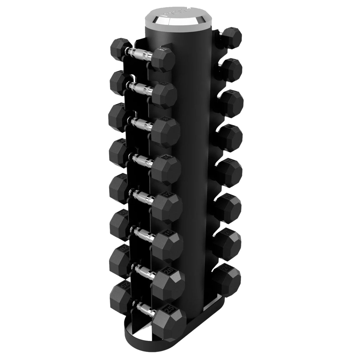 Troy Barbell VTX GVDR-8 Two Sided Vertical Dumbbell Rack shown with rubber encased dumbbells.