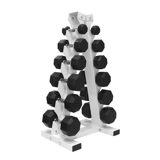 Troy Barbell USA Sports GADR-6 A Frame Dumbbell Rack shown with rubber encased dumbbells.