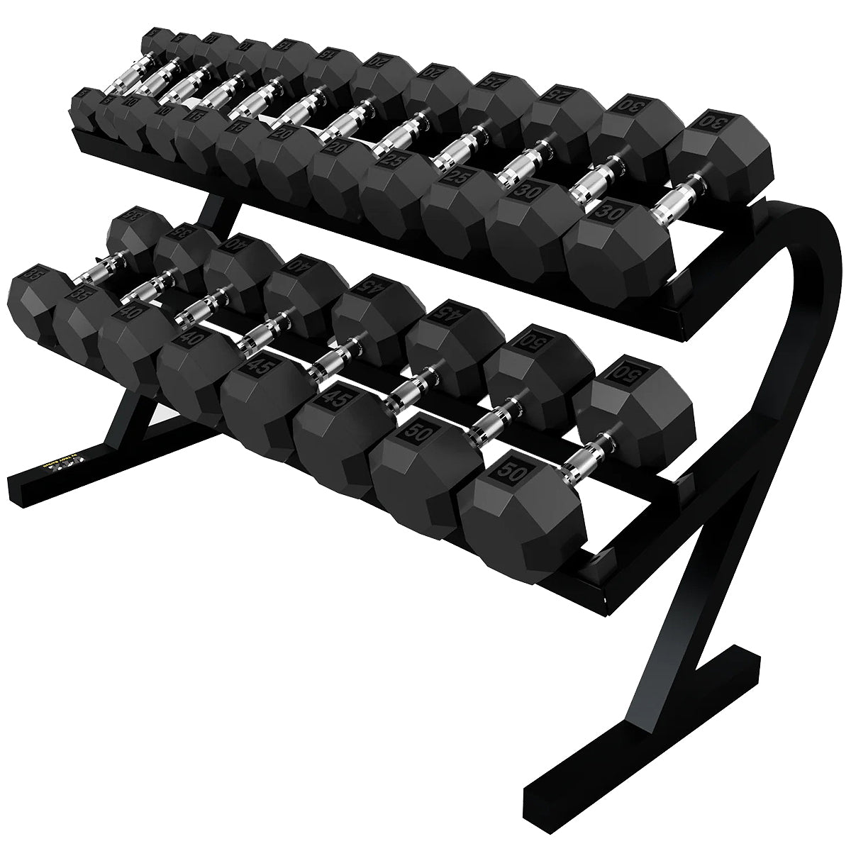 Troy Barbell VTX T-DR Two Tier Horizontal Dumbbell Rack shown with SD-U Dumbbells.