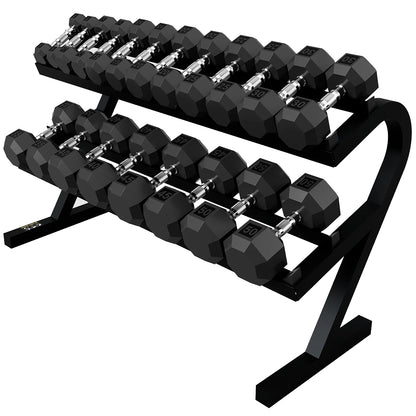 Troy Barbell VTX T-DR Two Tier Horizontal Dumbbell Rack shown with SD-U Dumbbells.