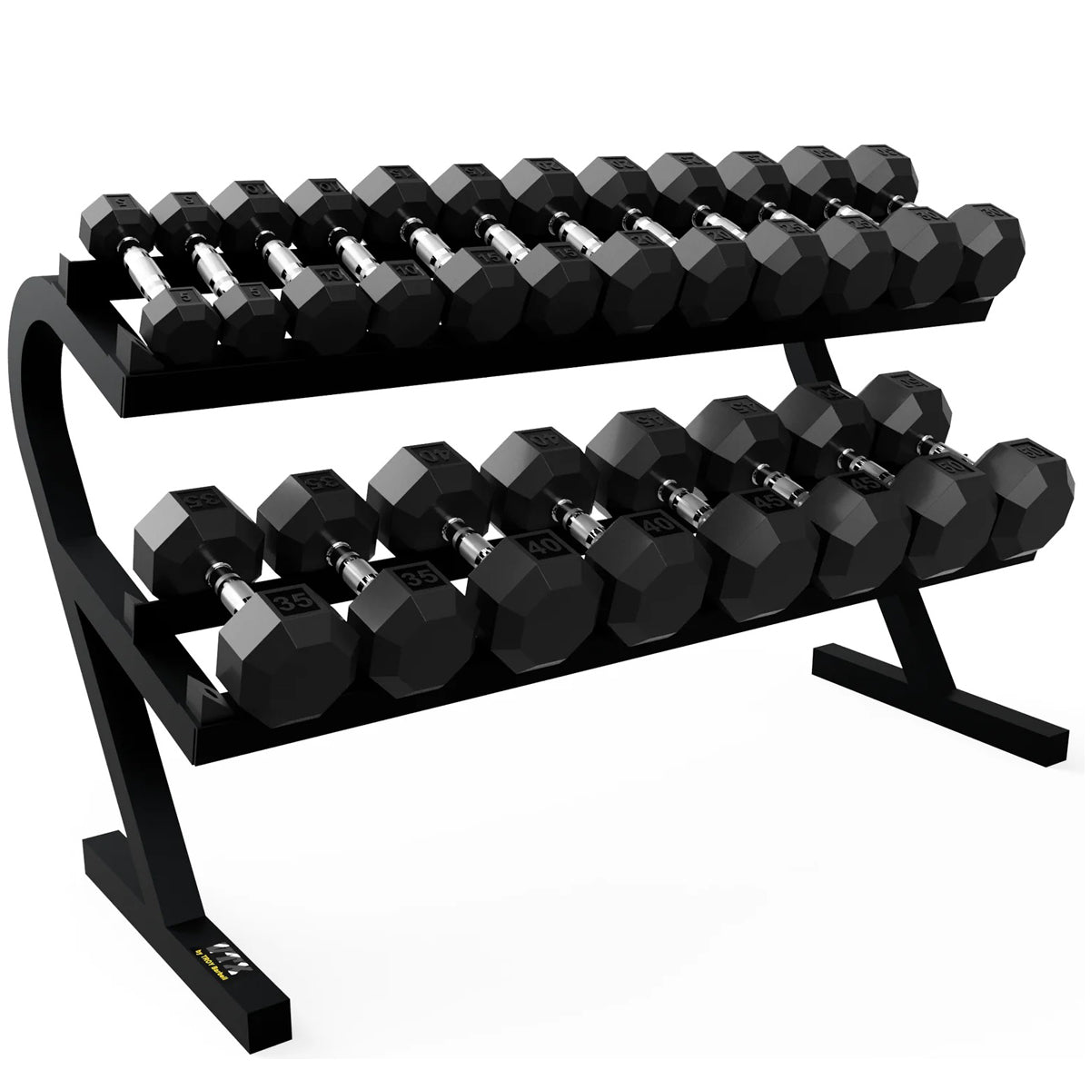 Troy Barbell VTX T-DR Two Tier Horizontal Dumbbell Rack shown with SD-R Dumbbells.