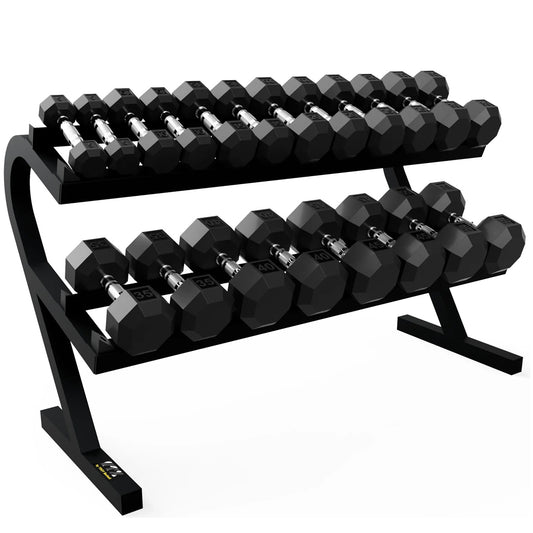 Troy Barbell VTX T-DR Two Tier Horizontal Dumbbell Rack shown with SD-R Dumbbells.