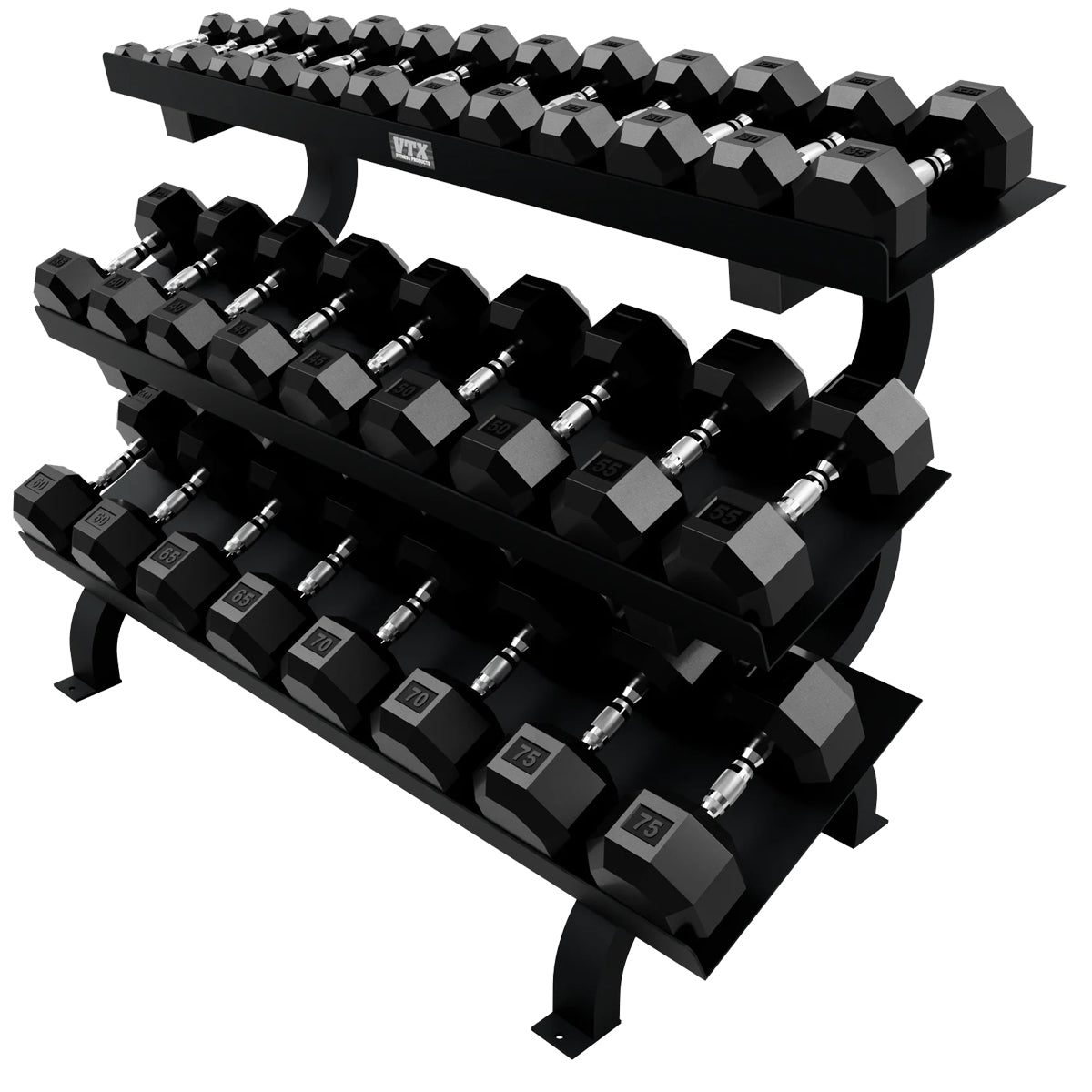 Troy Barbell VTX GTDR-3 Three Tier Shelf Dumbbell Rack shown with SD-R Dumbbells.