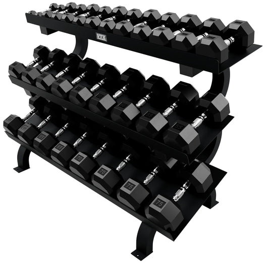 Troy Barbell VTX GTDR-3 Three Tier Shelf Dumbbell Rack shown with SD-R Dumbbells.