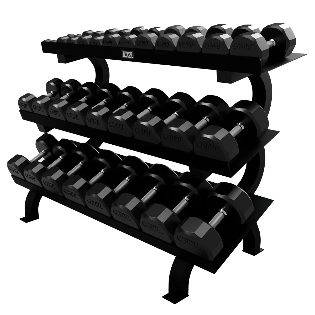 Troy Barbell VTX GTDR-3 Three Tier Shelf Dumbbell Rack shown with TSD-R 12 Sided Rubber encased Dumbbells.