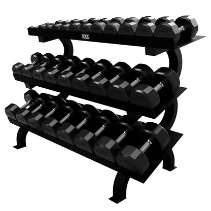 Troy Barbell VTX GTDR-3 Three Tier Shelf Dumbbell Rack shown with TSD-R 12 Sided Rubber encased Dumbbells.